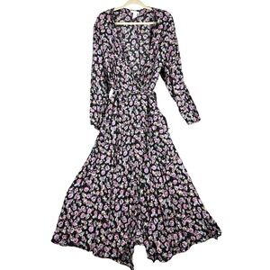H&M Dress Womens XXL Black Floral Long Sleeve V Neck Tie Waist Midi Dress